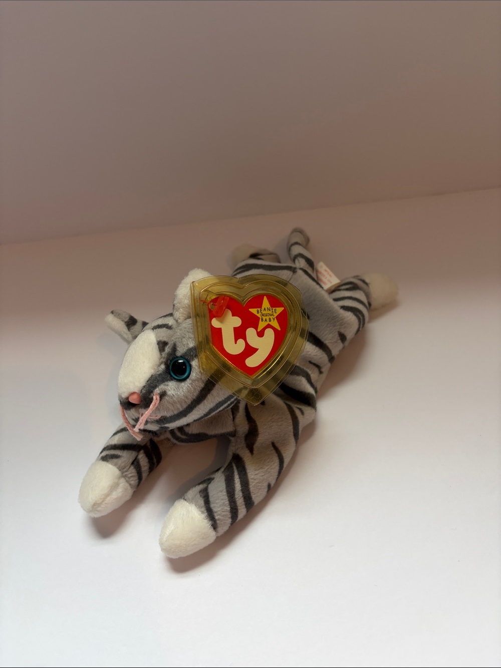 Ty Grey & White Striped Tiger Beanie Plush with Blue Eyes
